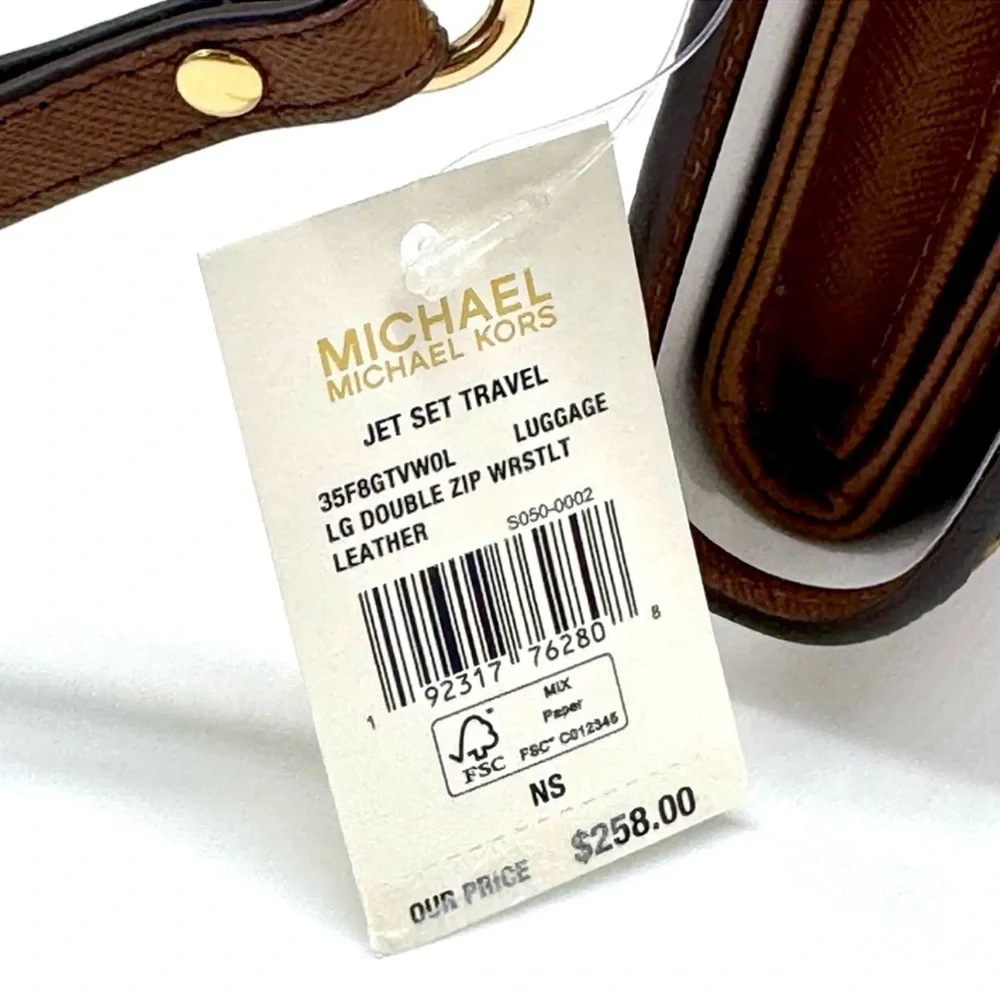 Michael Kors Large Jet Set Travel Logo Double Zip Wallet Luggage Brown - Picture 9 of 9